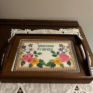 Floral Welcome Friends Needlepoint Wooden Tray